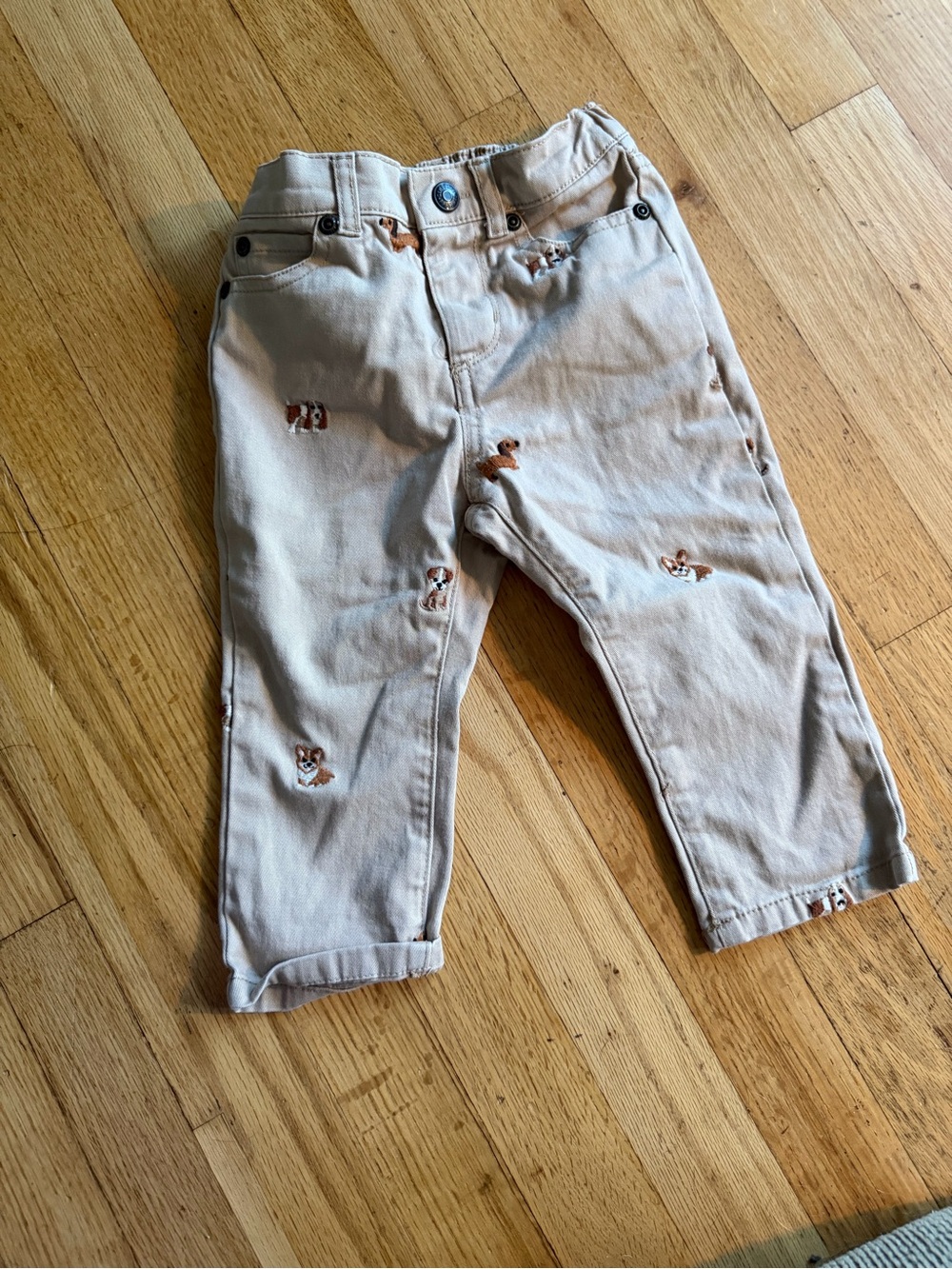 Beige Embroidered Puppy Toddler Pants